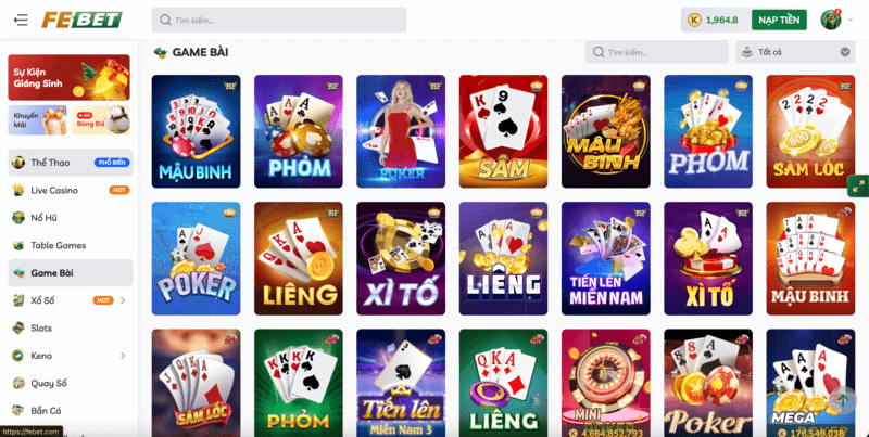 Đa dạng các loại game bài đổi thưởng tại FEBET