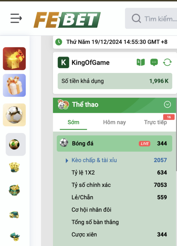 Sảnh K Sports Febet có đa dạng các loại kèo