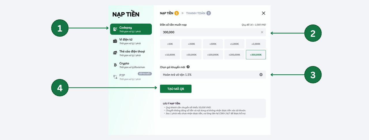 Hướng dẫn nạp tiền qua codepay
