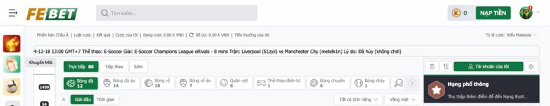 Sảnh BTI Sports Febet có đa dạng các kèo cược ở nhiều bộ môn thể thao