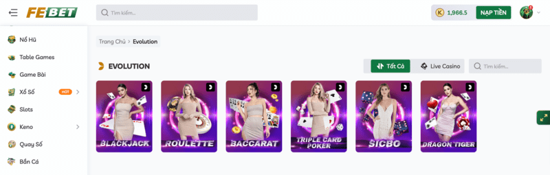 Sảnh Live Casino Evolution Febet