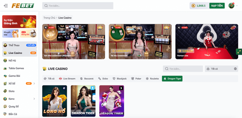 Sảnh Live Casino Rồng Hổ Febet