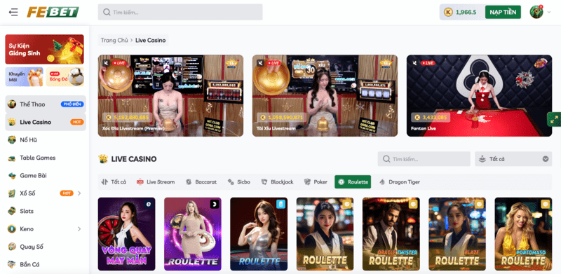 Sảnh Live Casino Roulette Febet